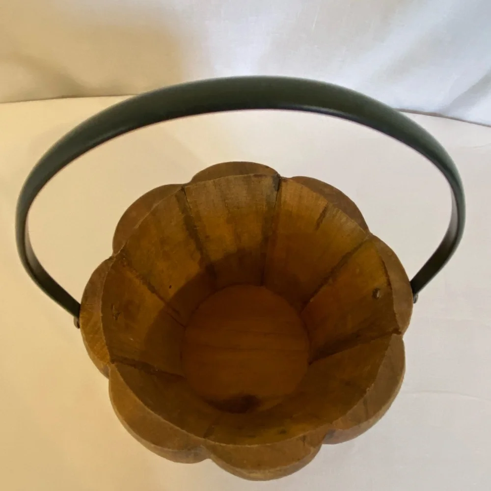 Rustic Pumpkin Bucket Pail Planter Candy Bowl Primitive Wooden Metal Handle